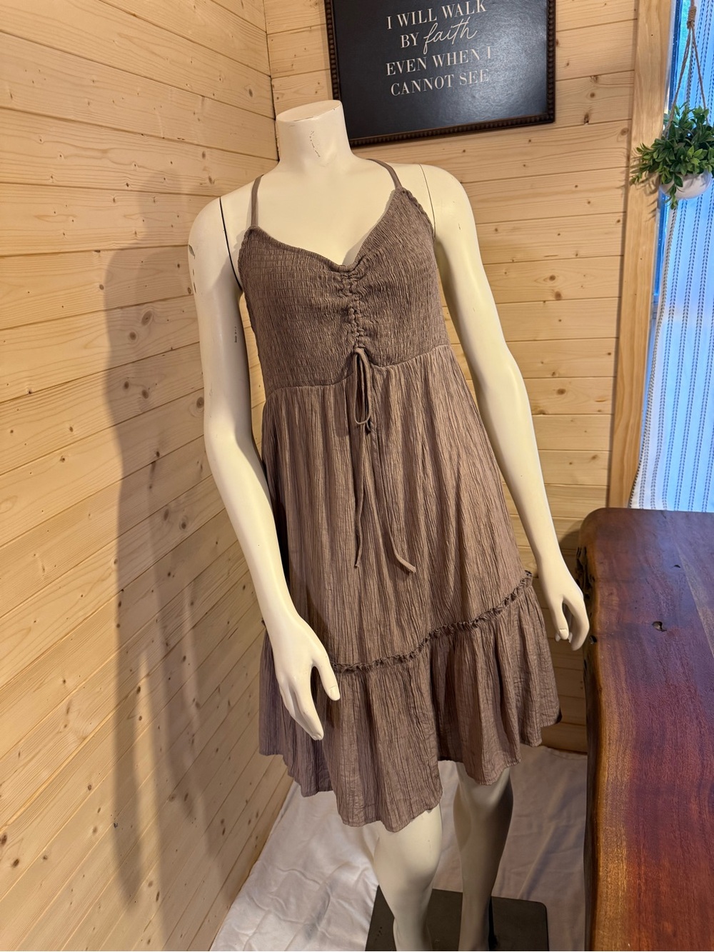 Smocked Bodice Spaghetti Strap Dress in Taupe